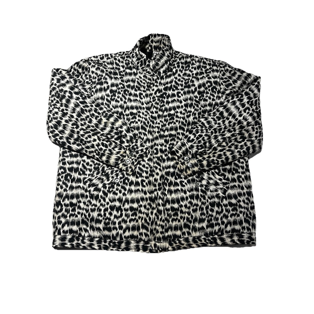 Vintage Clio Black and White Leopard Print Silk Bomber Jacket size M Y2K 90's‎